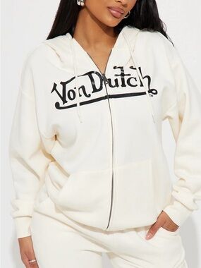 Von Dutch Cream Zip-Up Hoodie with Black Logo